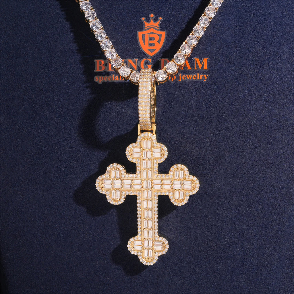Luxury Baguette Cut Cross Pendant Hip Hop Moissanite Pendant Charm 925 Silver Rapper Jewelry