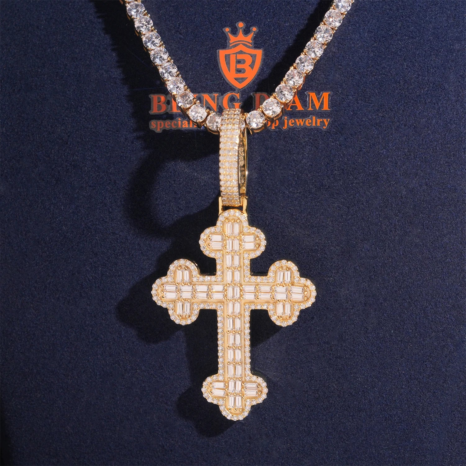 Luxury Baguette Cut Cross Pendant Hip Hop Moissanite Pendant Charm 925 Silver Rapper Jewelry