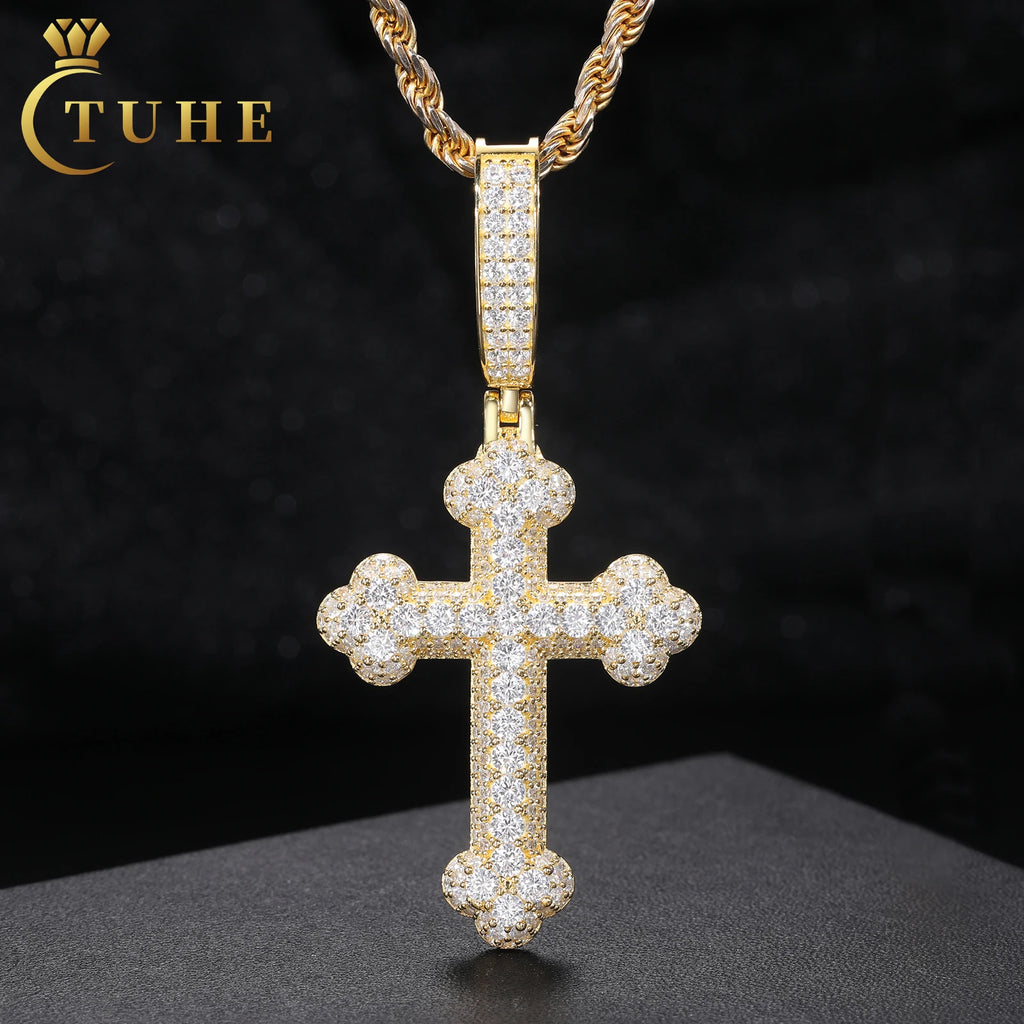 925 Sterling Silver Gra Certified Vvs Moissanite Diamond Iced Out Iris Cross Pendant