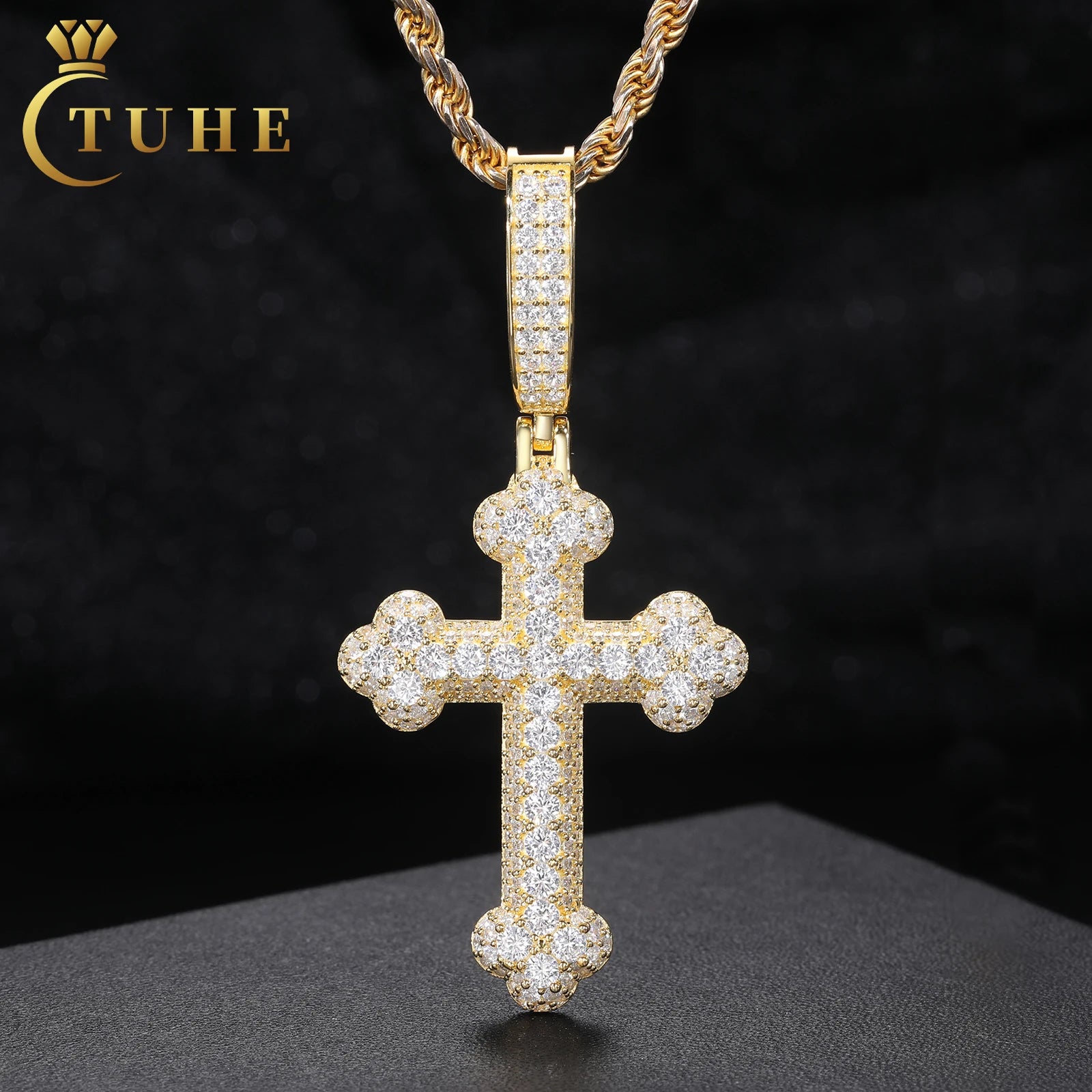 925 Sterling Silver Gra Certified Vvs Moissanite Diamond Iced Out Iris Cross Pendant