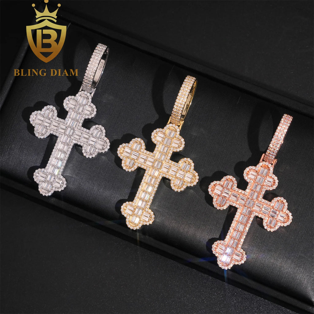 Luxury Baguette Cut Cross Pendant Hip Hop Moissanite Pendant Charm 925 Silver Rapper Jewelry