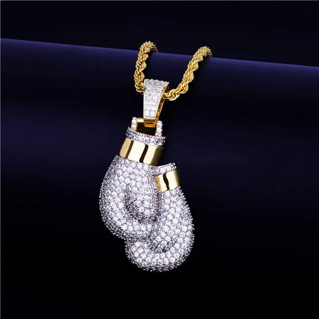 Bubble Letter Boxing Gloves Pendant Necklace & Pendant Gold Color Iced Cubic Zircon Men's Hip Hop Jewelry