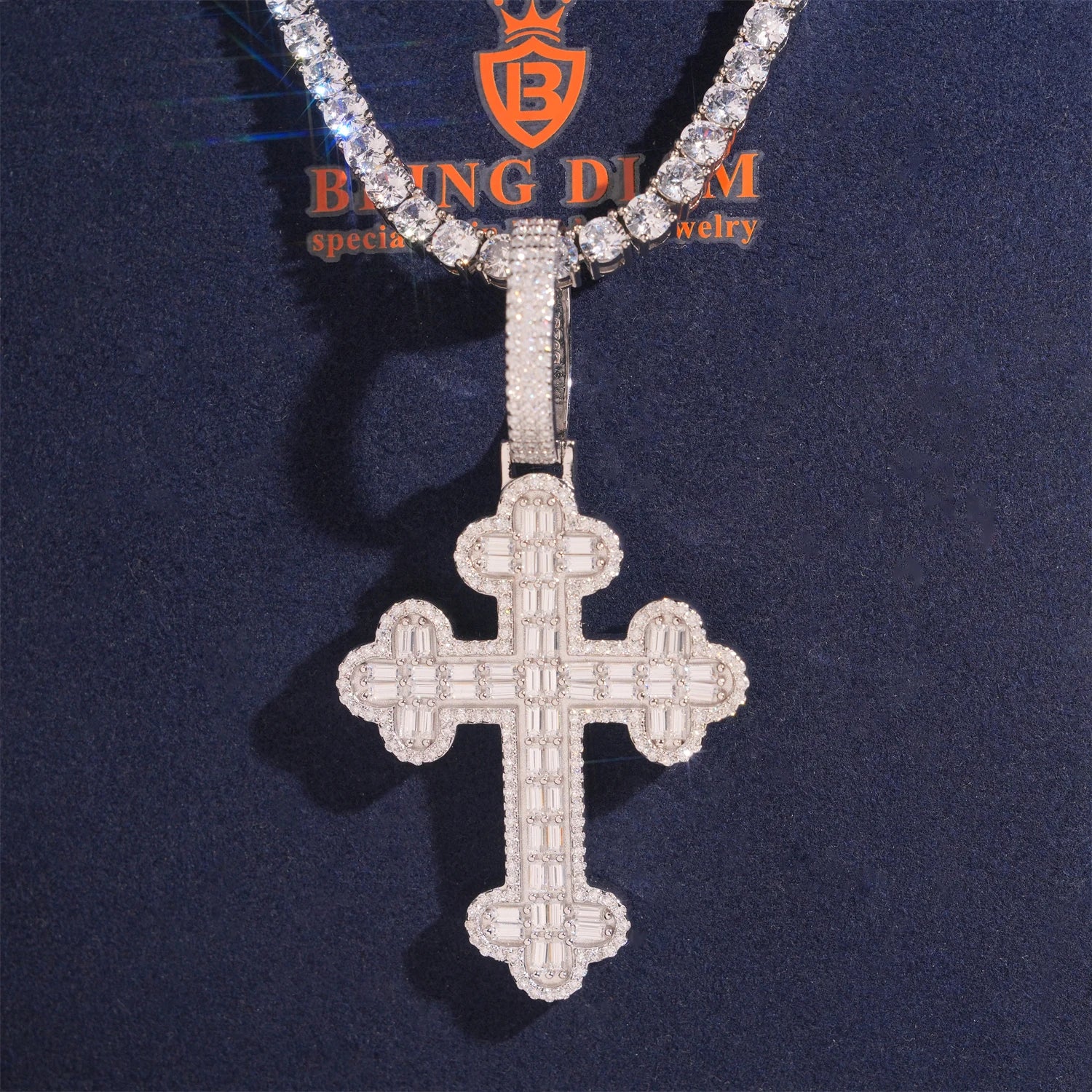 Luxury Baguette Cut Cross Pendant Hip Hop Moissanite Pendant Charm 925 Silver Rapper Jewelry