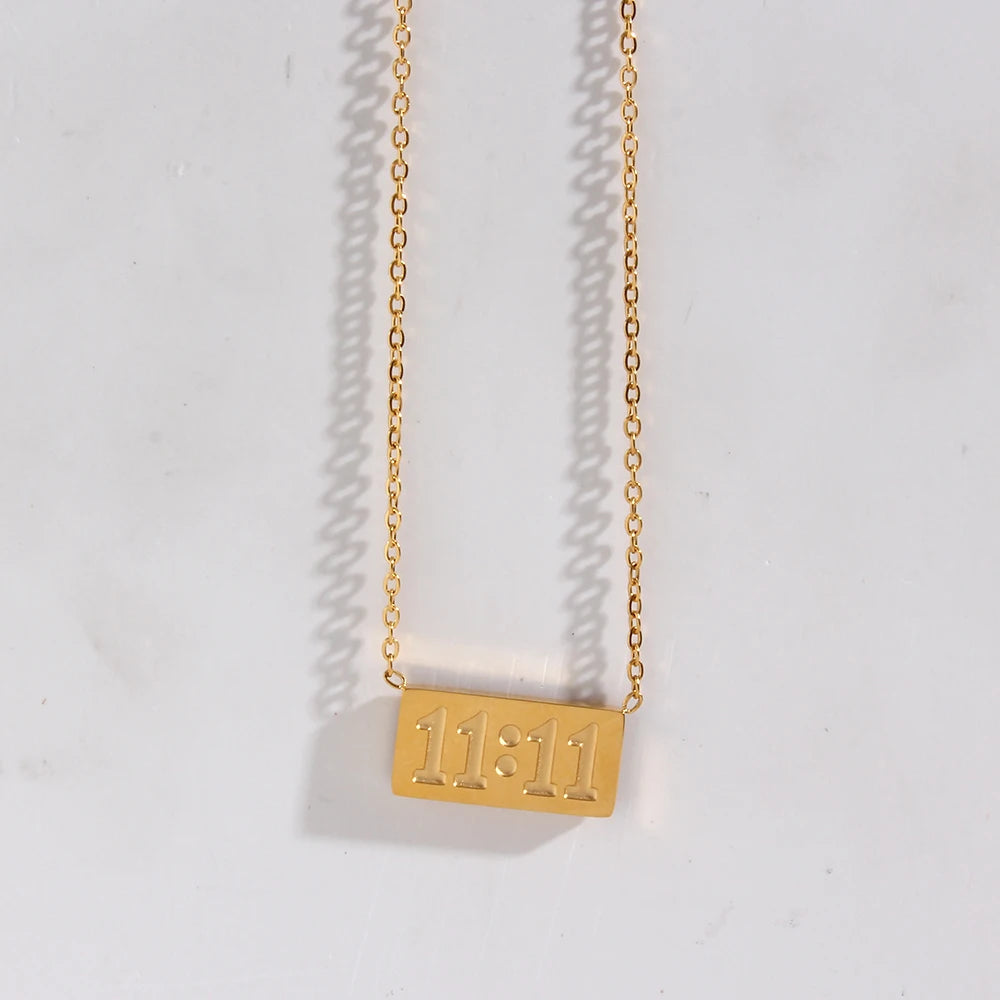 11:11 Rectangle Pendant Plate Necklace Fine Polished Stainless Steel 18K Gold Plated Necklace Meaningful Number Jewelry