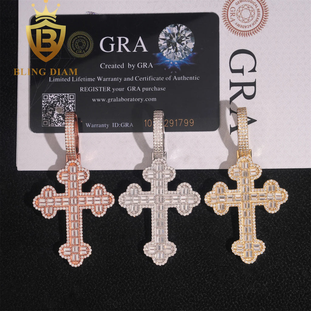 Luxury Baguette Cut Cross Pendant Hip Hop Moissanite Pendant Charm 925 Silver Rapper Jewelry