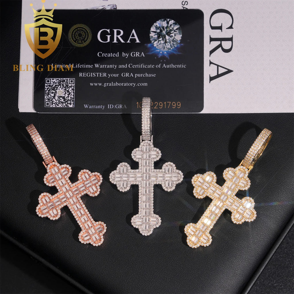 Luxury Baguette Cut Cross Pendant Hip Hop Moissanite Pendant Charm 925 Silver Rapper Jewelry
