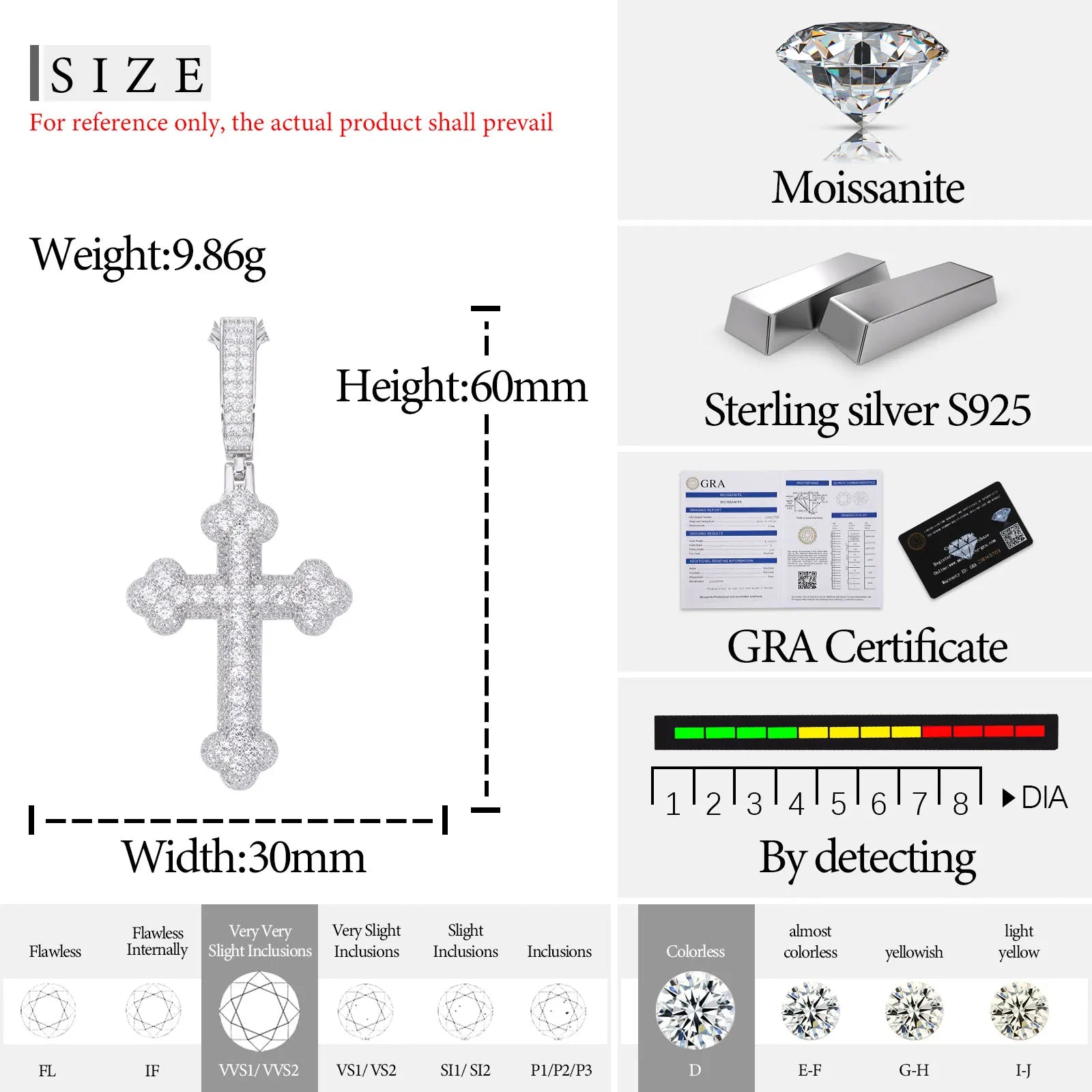 925 Sterling Silver Gra Certified Vvs Moissanite Diamond Iced Out Iris Cross Pendant