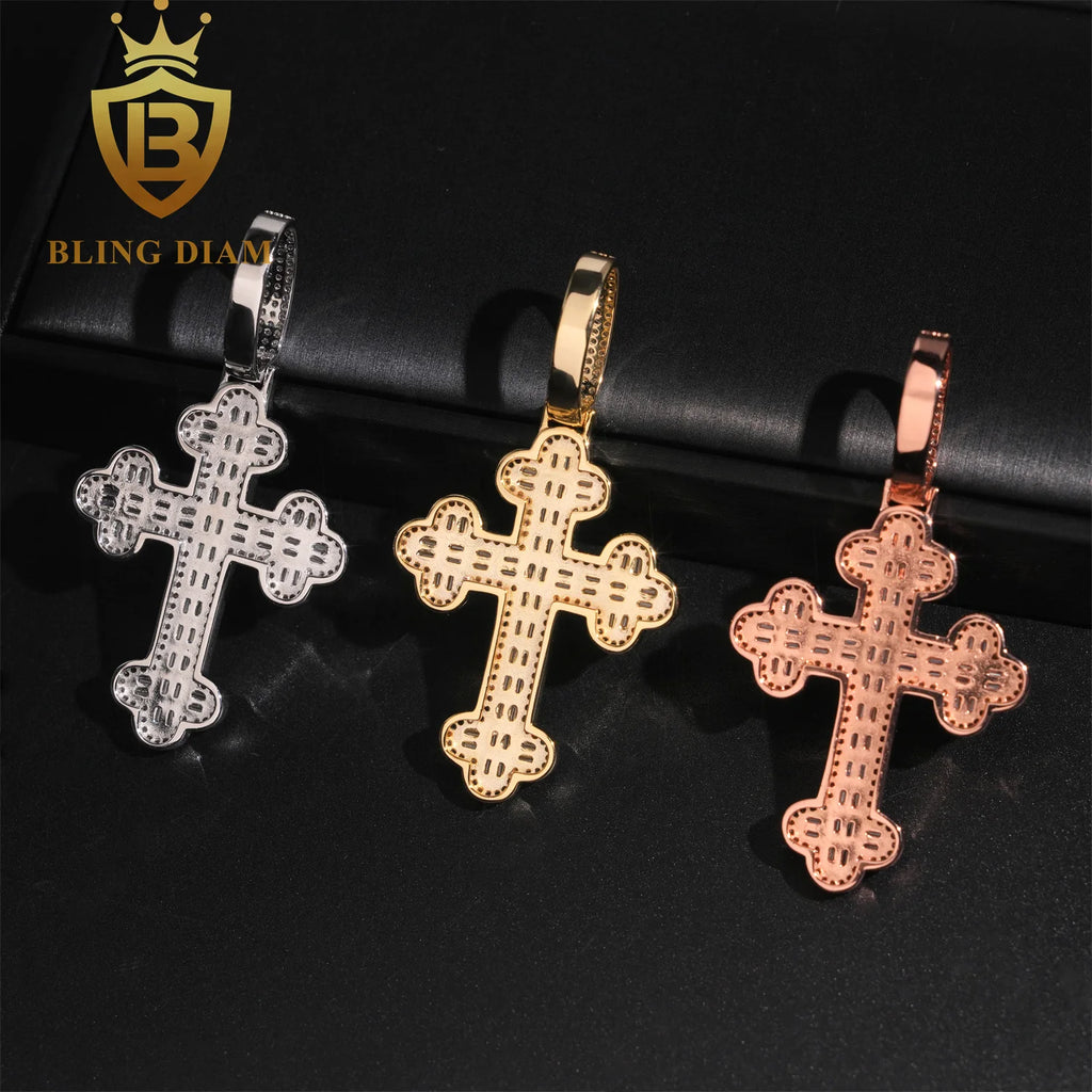 Luxury Baguette Cut Cross Pendant Hip Hop Moissanite Pendant Charm 925 Silver Rapper Jewelry