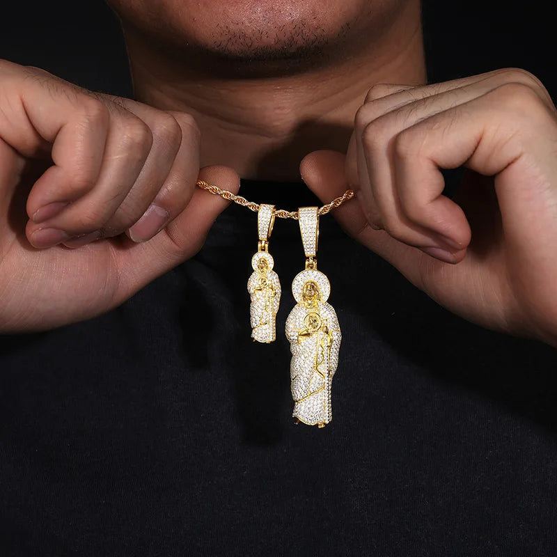 Solid 925 Sterling Silver San Judas Tadeo Pendant Necklace Moissanite Pass Diamond Tester Religion Pendant Hip Hop Mens Jewelry