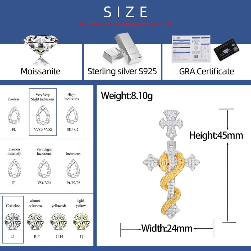 Iced Out Snake Cross Pendant Necklace GRA Certified Moissanite 925 Silver Hip Hop Religious Charm Fine Jewelry For Woman Man
