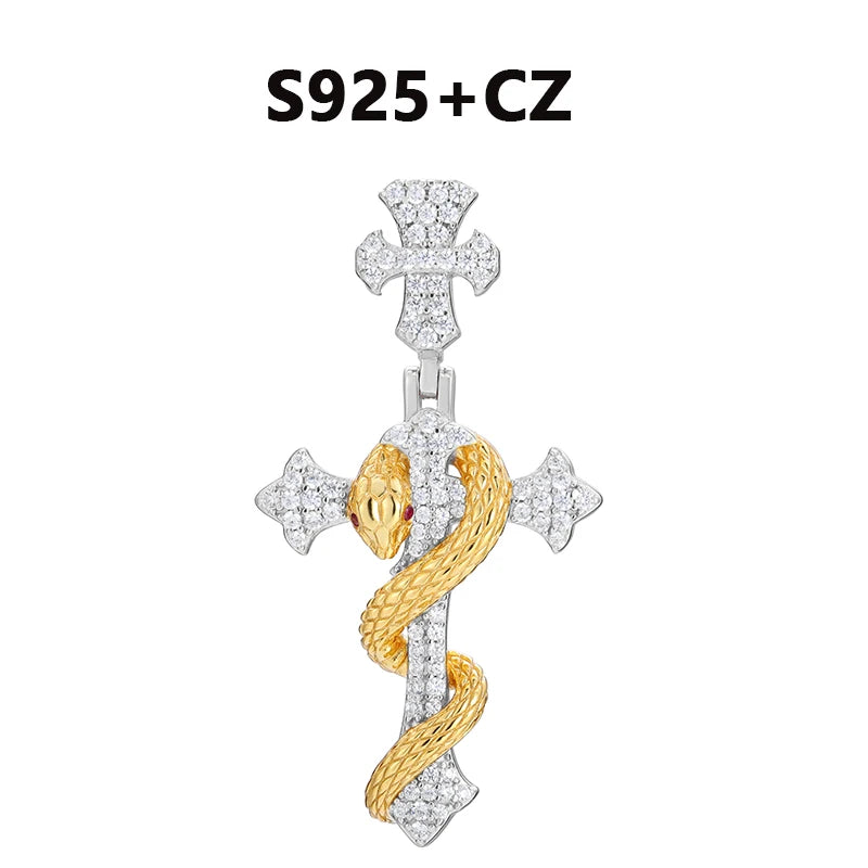 Iced Out Snake Cross Pendant Necklace GRA Certified Moissanite 925 Silver Hip Hop Religious Charm Fine Jewelry For Woman Man