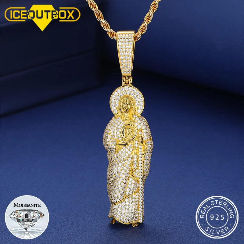 Solid 925 Sterling Silver San Judas Tadeo Pendant Necklace Moissanite Pass Diamond Tester Religion Pendant Hip Hop Mens Jewelry