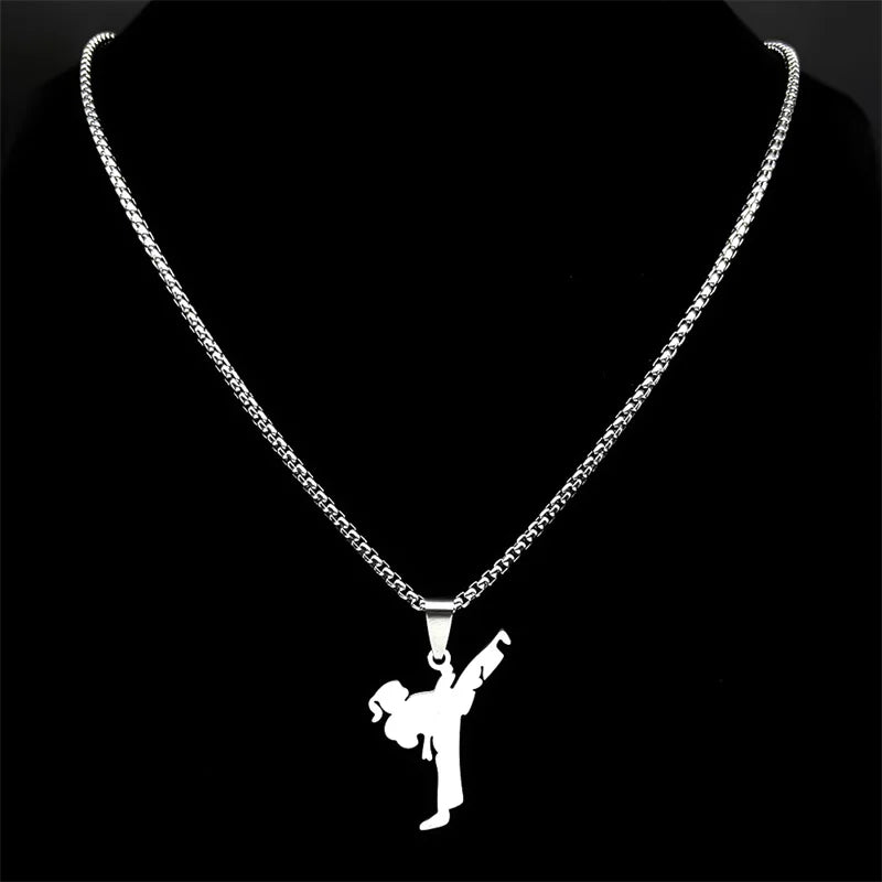 Hiphop Taekwondo Kicking Karate Chain For Women Men Stainless Steel Silver Color Female Sports Style Pendant Necklace Jewelry