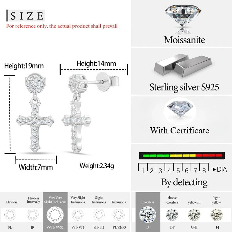 VVS1 Moissanite Cross Earring 925 Silver Earrings For Men Women ﻿Hip Hop Jewelry Party Gifts ﻿