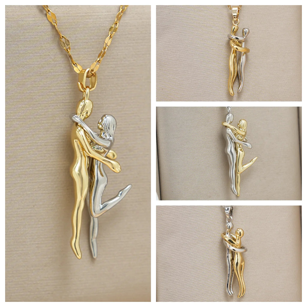 Stainless Steel Chains Couple Hugging Pendant Necklace for Women Men Gold Silver Color Necklaces Lovers Couples Jewelry Gifts