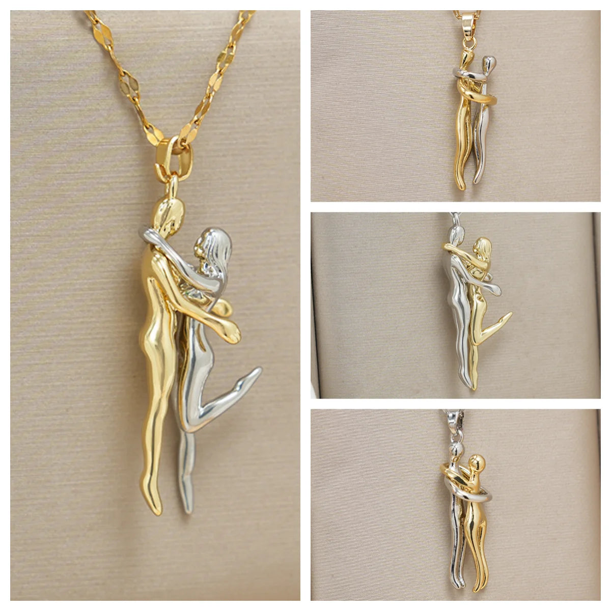 Stainless Steel Chains Couple Hugging Pendant Necklace for Women Men Gold Silver Color Necklaces Lovers Couples Jewelry Gifts