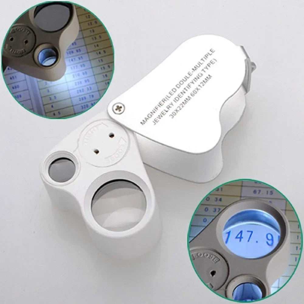 Jewelry Loupe 2-Lens Magnifying Glass 30x 60x Jewelers Eye LED