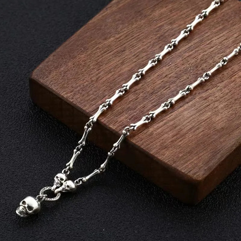 Vintage Gothic Punk Male Female S925 Sterling Silver Skull Chain Necklace for Men Women Hip Hop Party Jewelry Accessories