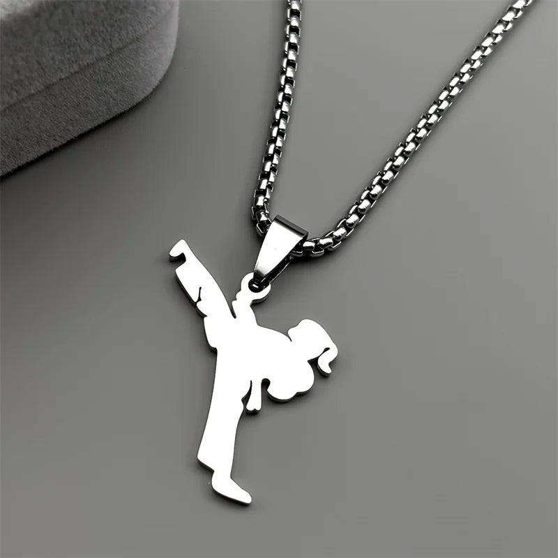 Hiphop Taekwondo Kicking Karate Chain For Women Men Stainless Steel Silver Color Female Sports Style Pendant Necklace Jewelry