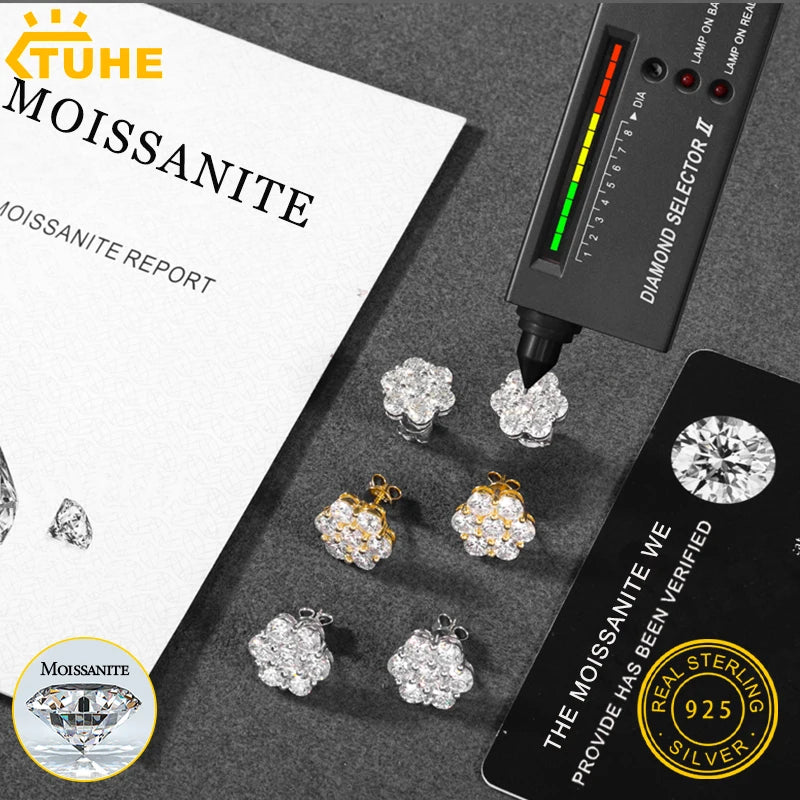 VVS1 Moissanite Earring Sterling Silver Flower Earrings For Women Men Hip Hop Jewelry Gift