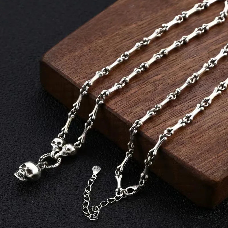 Vintage Gothic Punk Male Female S925 Sterling Silver Skull Chain Necklace for Men Women Hip Hop Party Jewelry Accessories