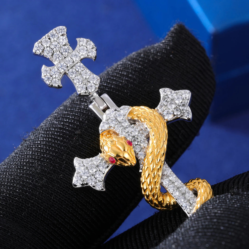 Iced Out Snake Cross Pendant Necklace GRA Certified Moissanite 925 Silver Hip Hop Religious Charm Fine Jewelry For Woman Man