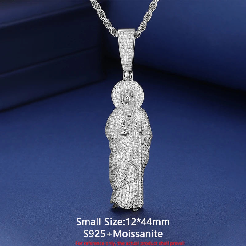 Solid 925 Sterling Silver San Judas Tadeo Pendant Necklace Moissanite Pass Diamond Tester Religion Pendant Hip Hop Mens Jewelry