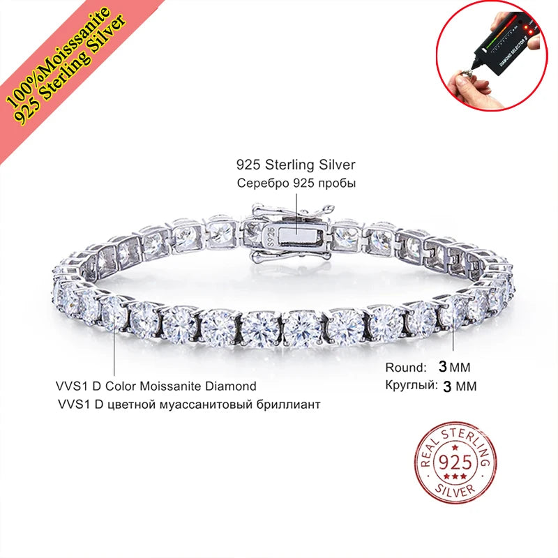 Real Moissanite Tennis Bracelet for Women Men 3.0mm Lab Diamond Bangle with Certificates 925 Sterling Silver Fine Jewelry