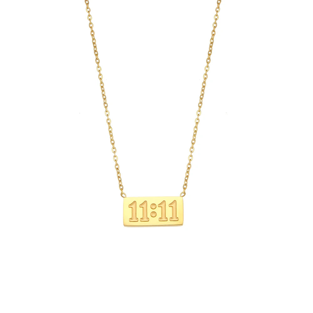 11:11 Rectangle Pendant Plate Necklace Fine Polished Stainless Steel 18K Gold Plated Necklace Meaningful Number Jewelry