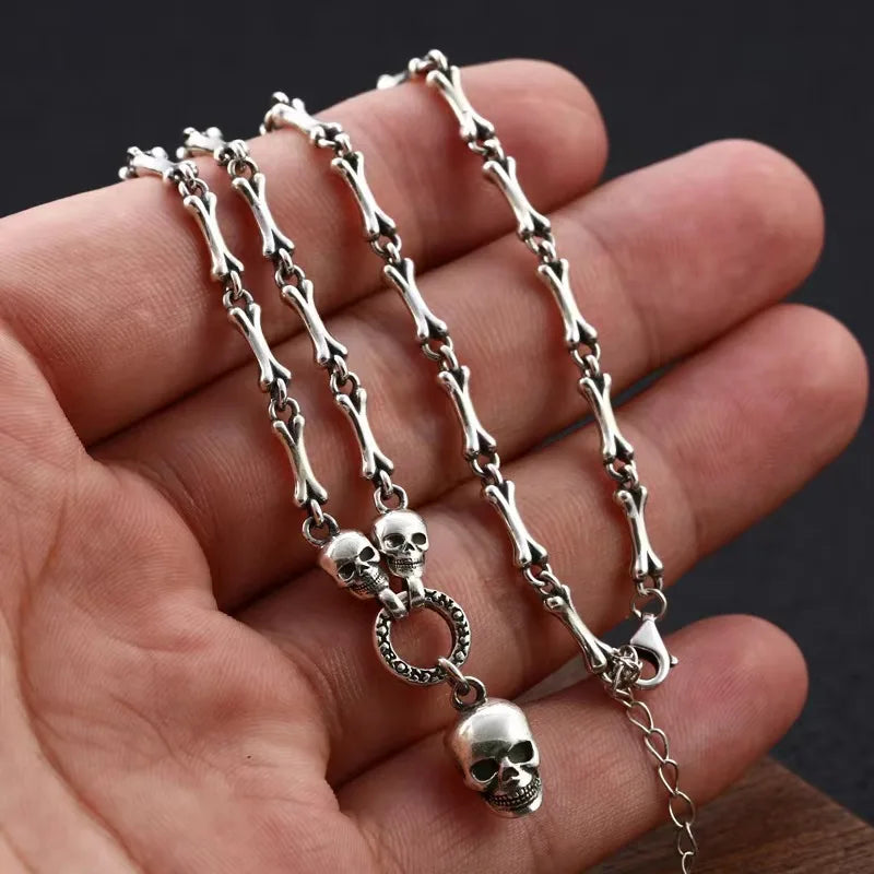 Vintage Gothic Punk Male Female S925 Sterling Silver Skull Chain Necklace for Men Women Hip Hop Party Jewelry Accessories