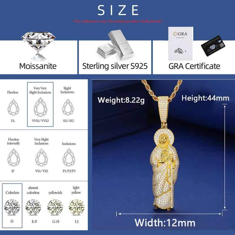 Solid 925 Sterling Silver San Judas Tadeo Pendant Necklace Moissanite Pass Diamond Tester Religion Pendant Hip Hop Mens Jewelry