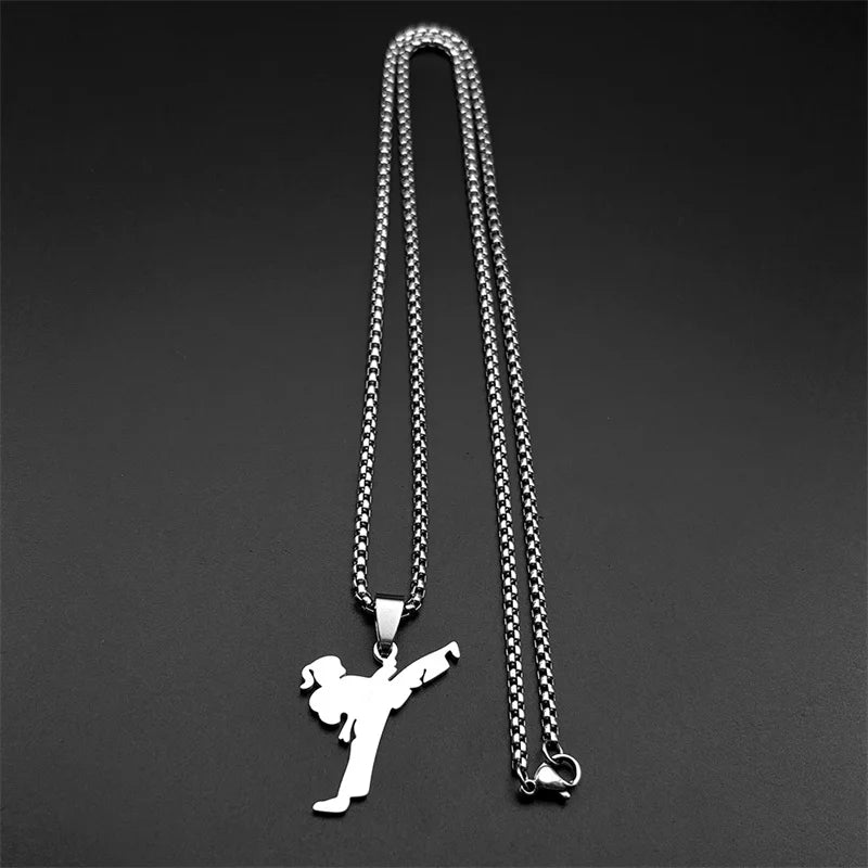 Hiphop Taekwondo Kicking Karate Chain For Women Men Stainless Steel Silver Color Female Sports Style Pendant Necklace Jewelry