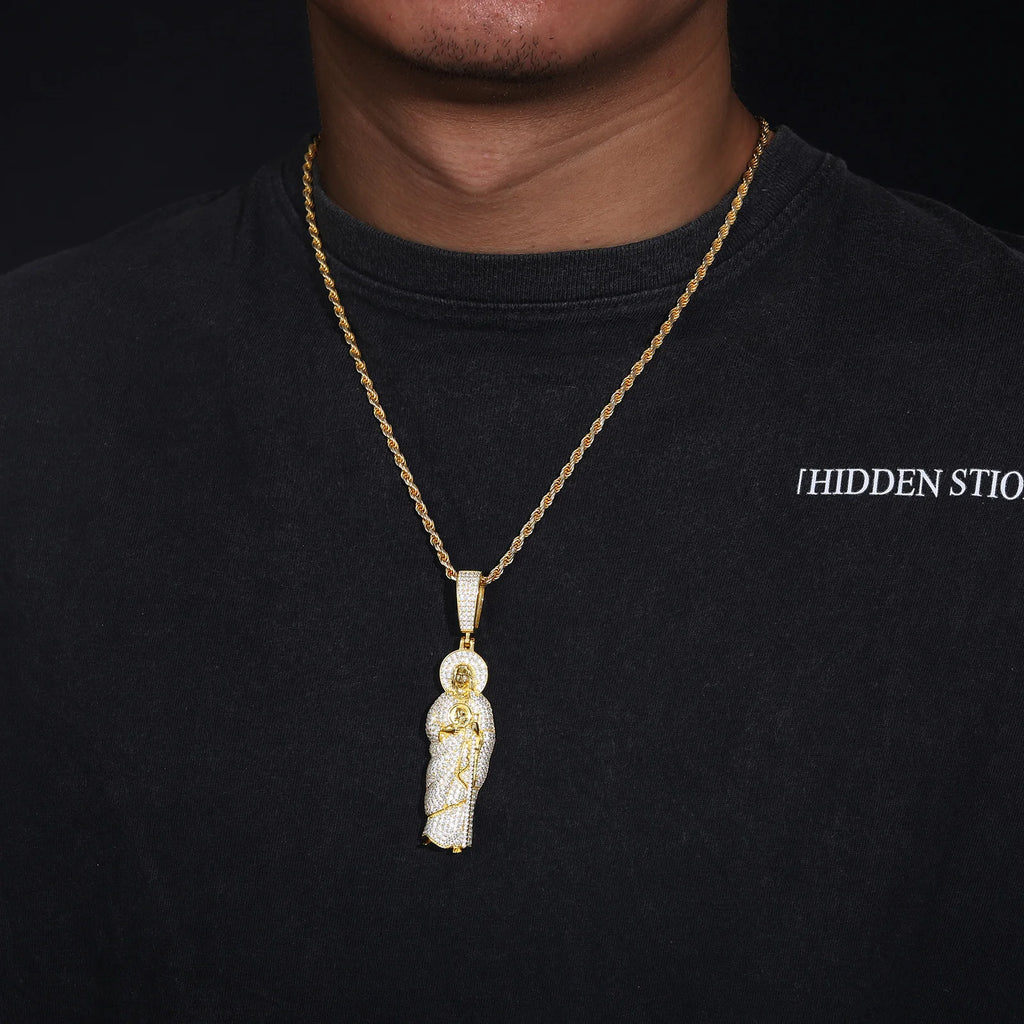 Solid 925 Sterling Silver San Judas Tadeo Pendant Necklace Moissanite Pass Diamond Tester Religion Pendant Hip Hop Mens Jewelry