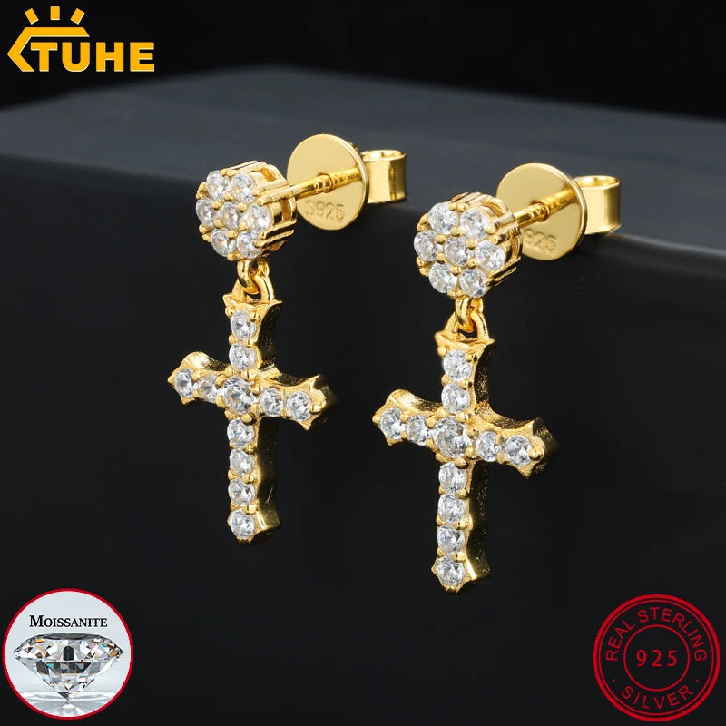 VVS1 Moissanite Cross Earring 925 Silver Earrings For Men Women ﻿Hip Hop Jewelry Party Gifts ﻿