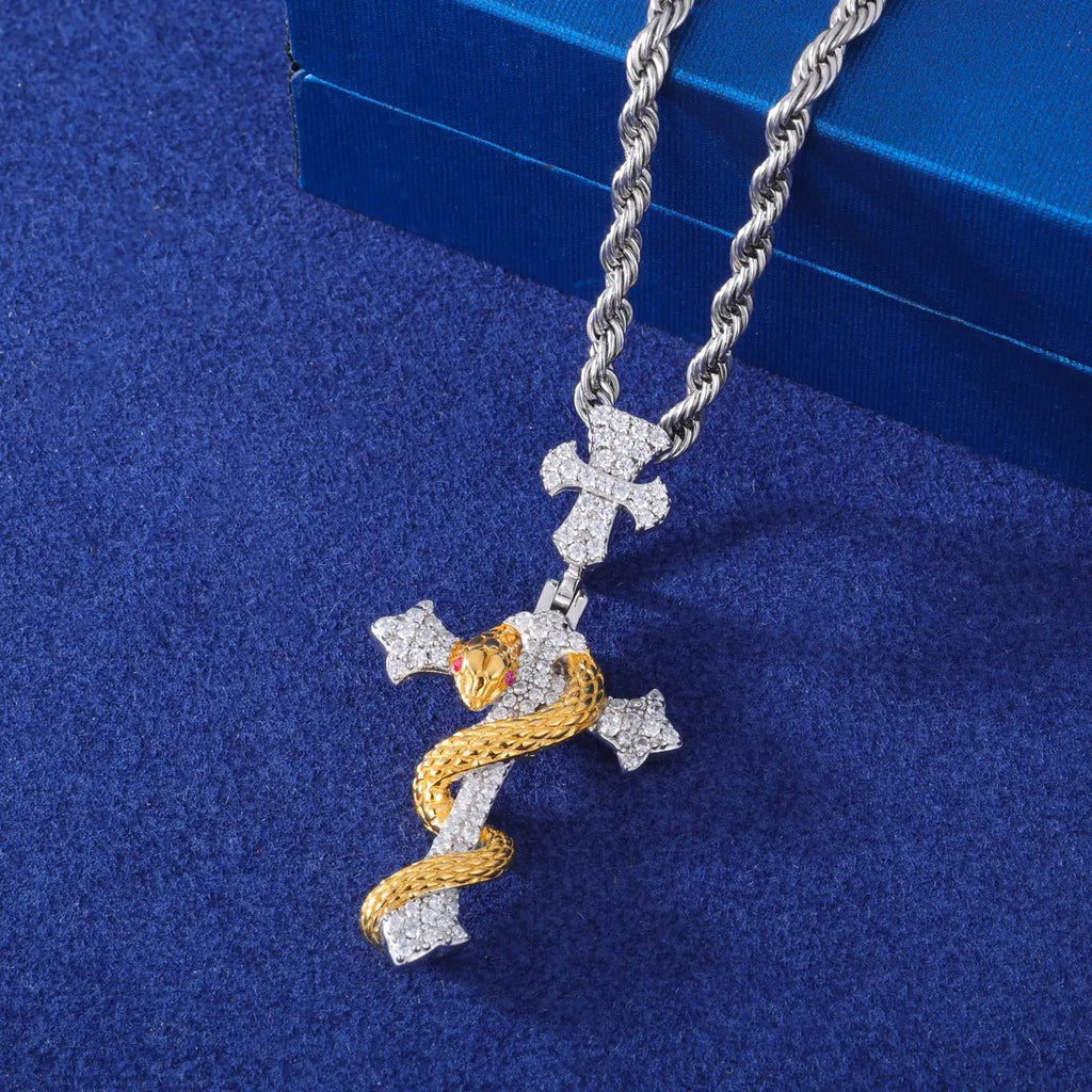 Iced Out Snake Cross Pendant Necklace GRA Certified Moissanite 925 Silver Hip Hop Religious Charm Fine Jewelry For Woman Man