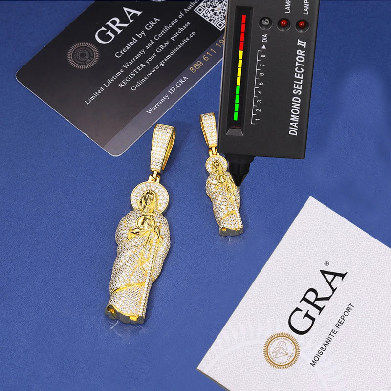 Solid 925 Sterling Silver San Judas Tadeo Pendant Necklace Moissanite Pass Diamond Tester Religion Pendant Hip Hop Mens Jewelry