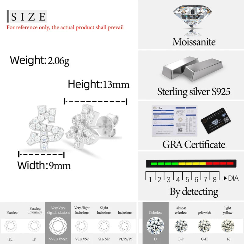 Classic Dollar Moissanite Earring For Women Jewelry Silver 925 Sterling Silver Gold Plated Wedding Jewelry Women Gif