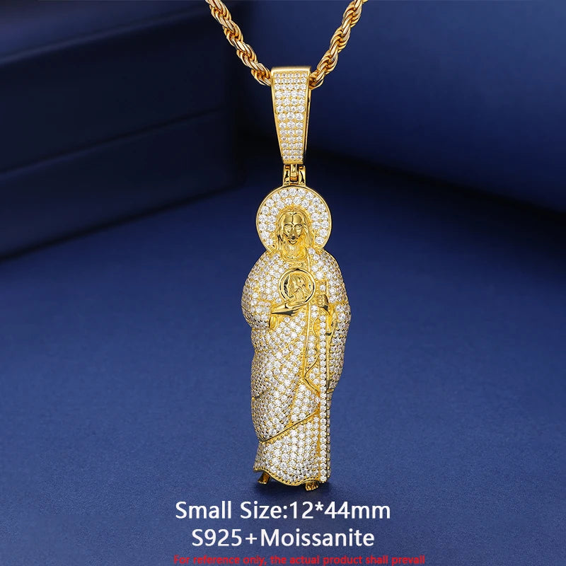 Solid 925 Sterling Silver San Judas Tadeo Pendant Necklace Moissanite Pass Diamond Tester Religion Pendant Hip Hop Mens Jewelry