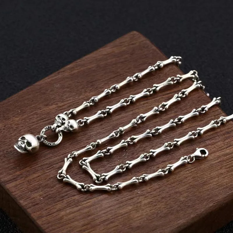 Vintage Gothic Punk Male Female S925 Sterling Silver Skull Chain Necklace for Men Women Hip Hop Party Jewelry Accessories
