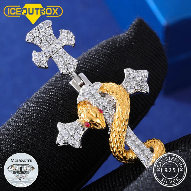 Iced Out Snake Cross Pendant Necklace GRA Certified Moissanite 925 Silver Hip Hop Religious Charm Fine Jewelry For Woman Man