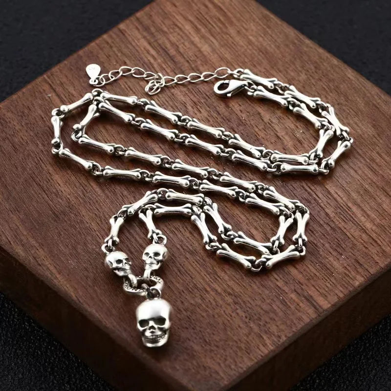 Vintage Gothic Punk Male Female S925 Sterling Silver Skull Chain Necklace for Men Women Hip Hop Party Jewelry Accessories
