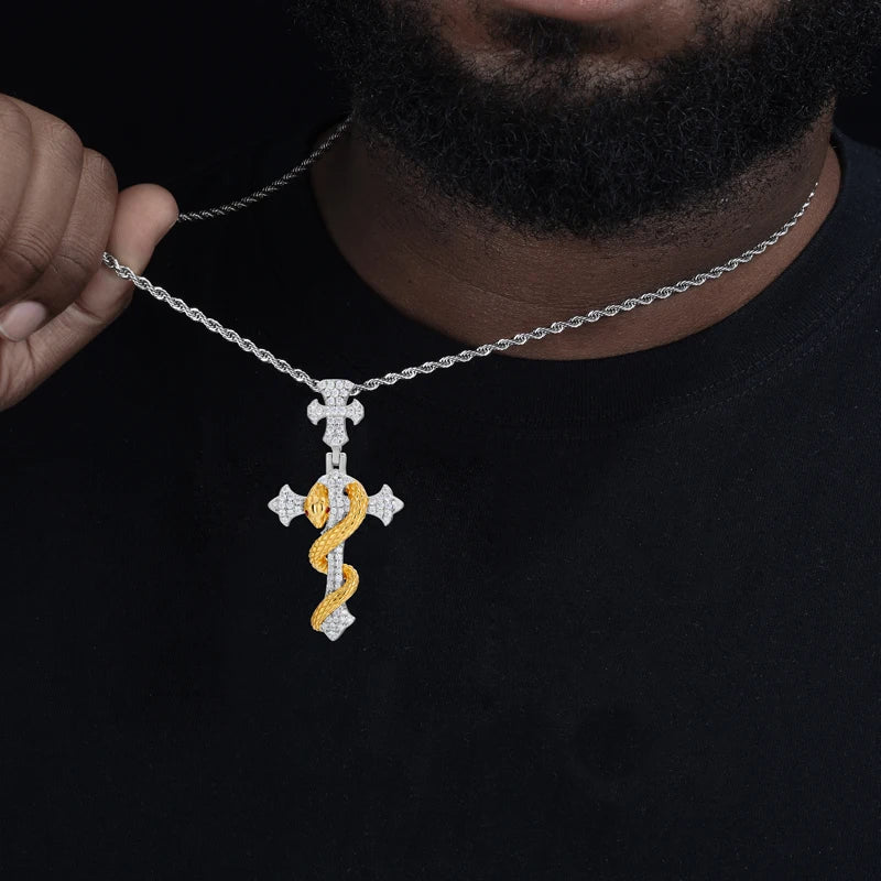 Iced Out Snake Cross Pendant Necklace GRA Certified Moissanite 925 Silver Hip Hop Religious Charm Fine Jewelry For Woman Man